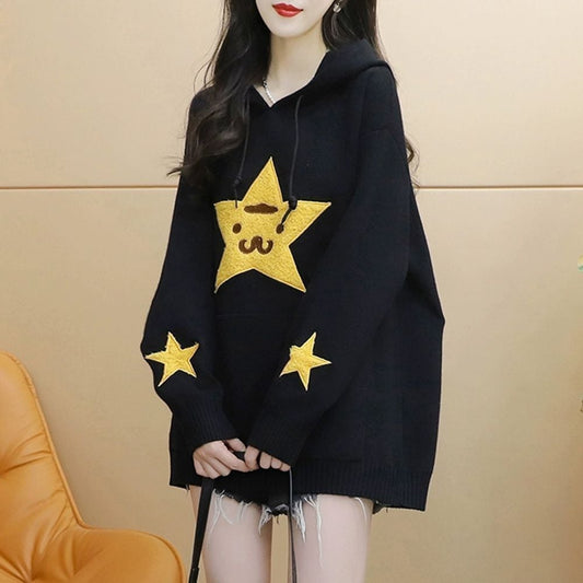 大人可愛い星柄ロゴゆったりフード付きニットパーカ全2色トップスE-4782