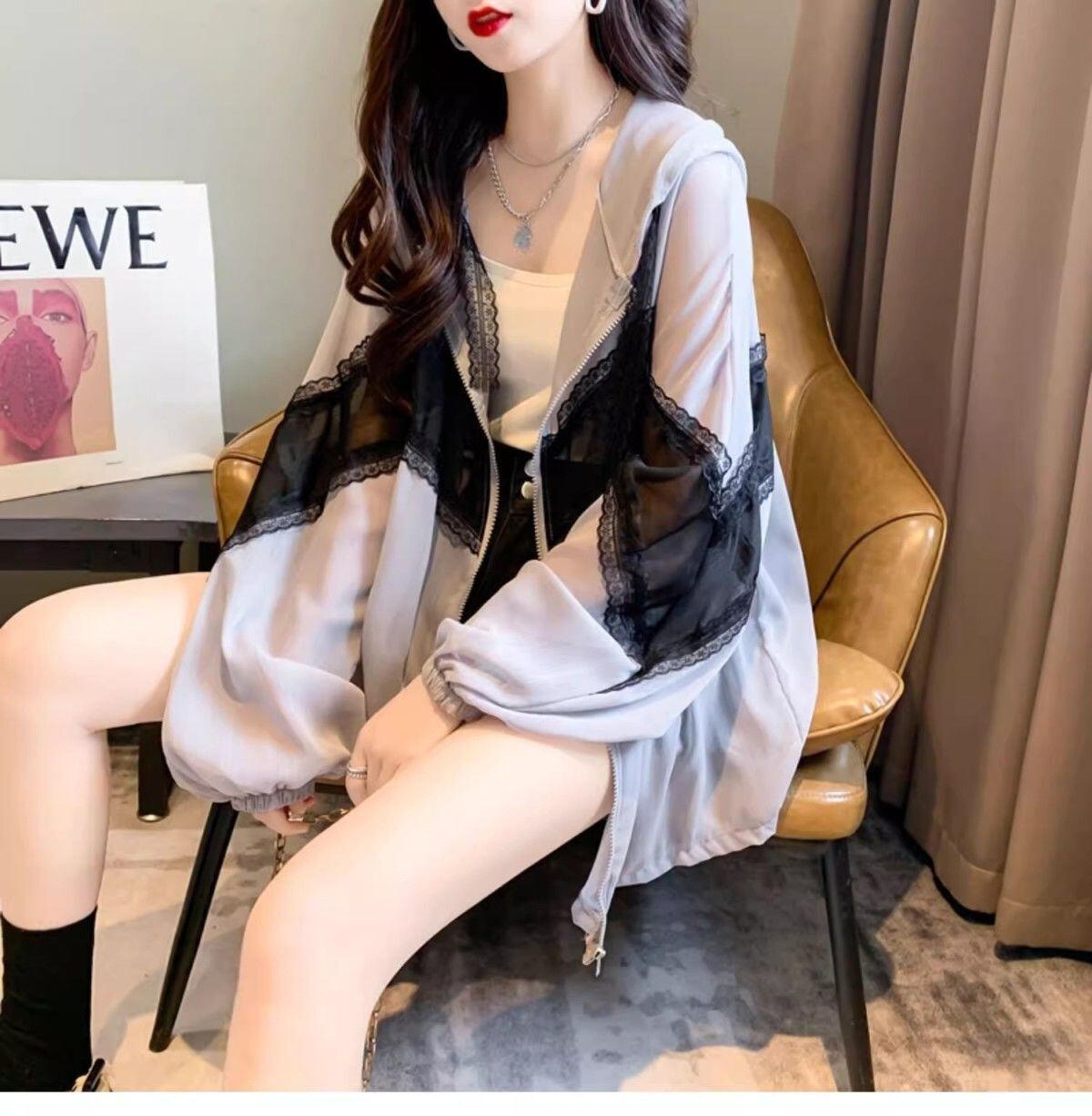 超人気 レース おしゃれ度高め 切り替え 日焼け対策 全2色 パーカー コートE-9143