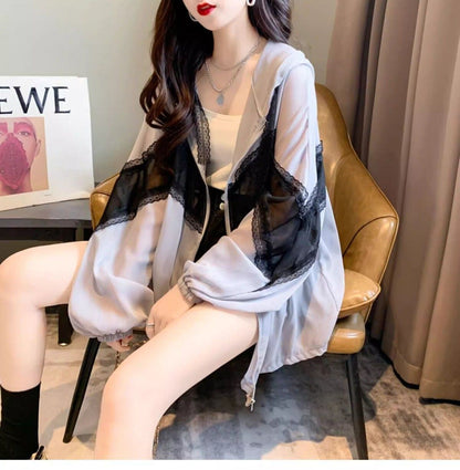 超人気 レース おしゃれ度高め 切り替え 日焼け対策 全2色 パーカー コートE-9143