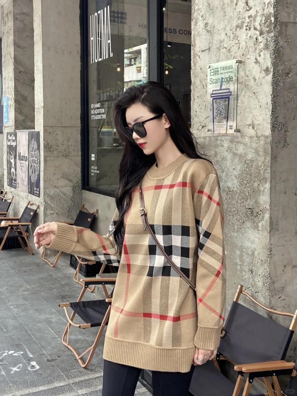 レトロ ラウンドネック オシャレ度満点 チェック柄 長袖 ニット セーターE-6808