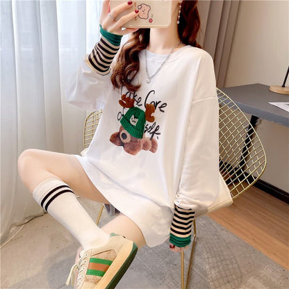 着心地抜群 ラウンドネック 好感度満載 カートゥーンプリント シャツ ブラウスE-2664