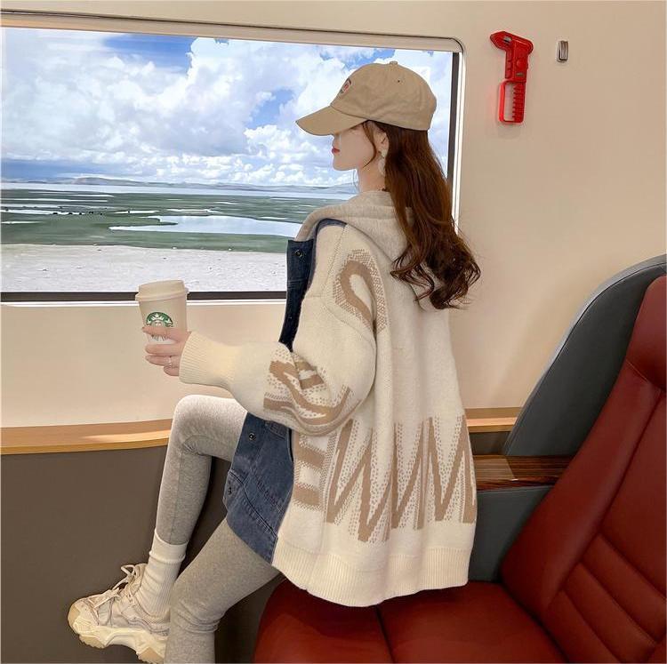 新作デニム切り替えニットフード付きパーカートップス全3色E-4321