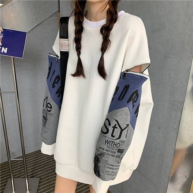 個性派 長袖 ラウンドネック ジッパー スウェット パーカーE-2146