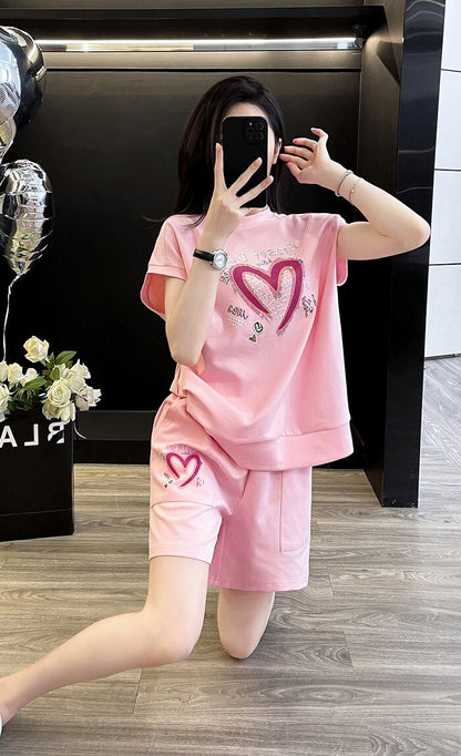超人気 ホットダイヤモンド カジュアル プリント 半袖Tシャツ ショートパンツ セットアップ E-9215