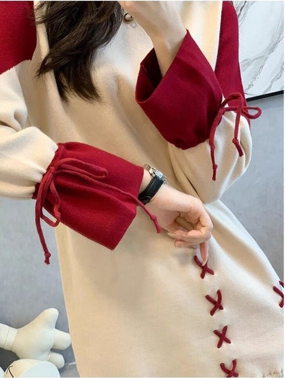 話題沸騰中 オシャレ 都市ファッショ デザイン 切り替え 2色選択可 ニットワンピース E-9722