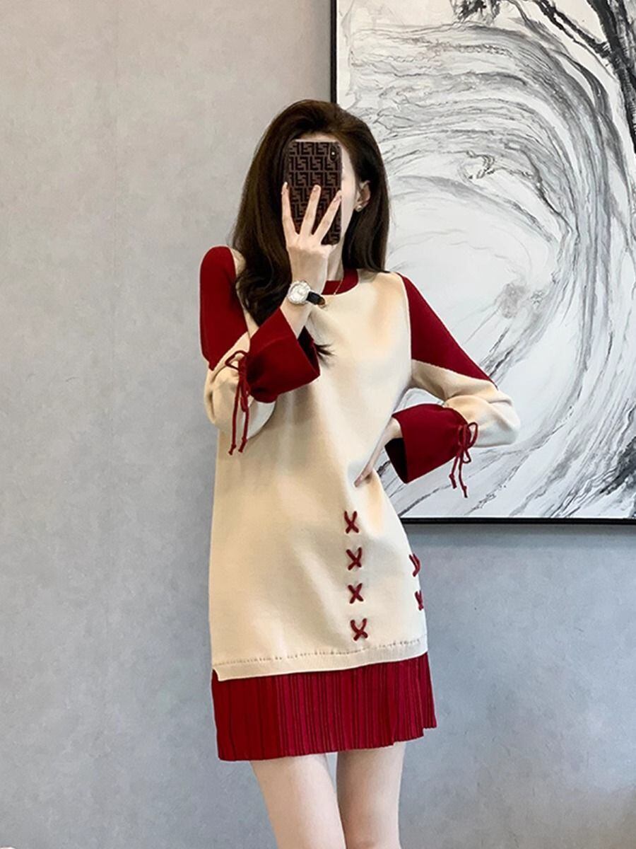 話題沸騰中 オシャレ 都市ファッショ デザイン 切り替え 2色選択可 ニットワンピース E-9722