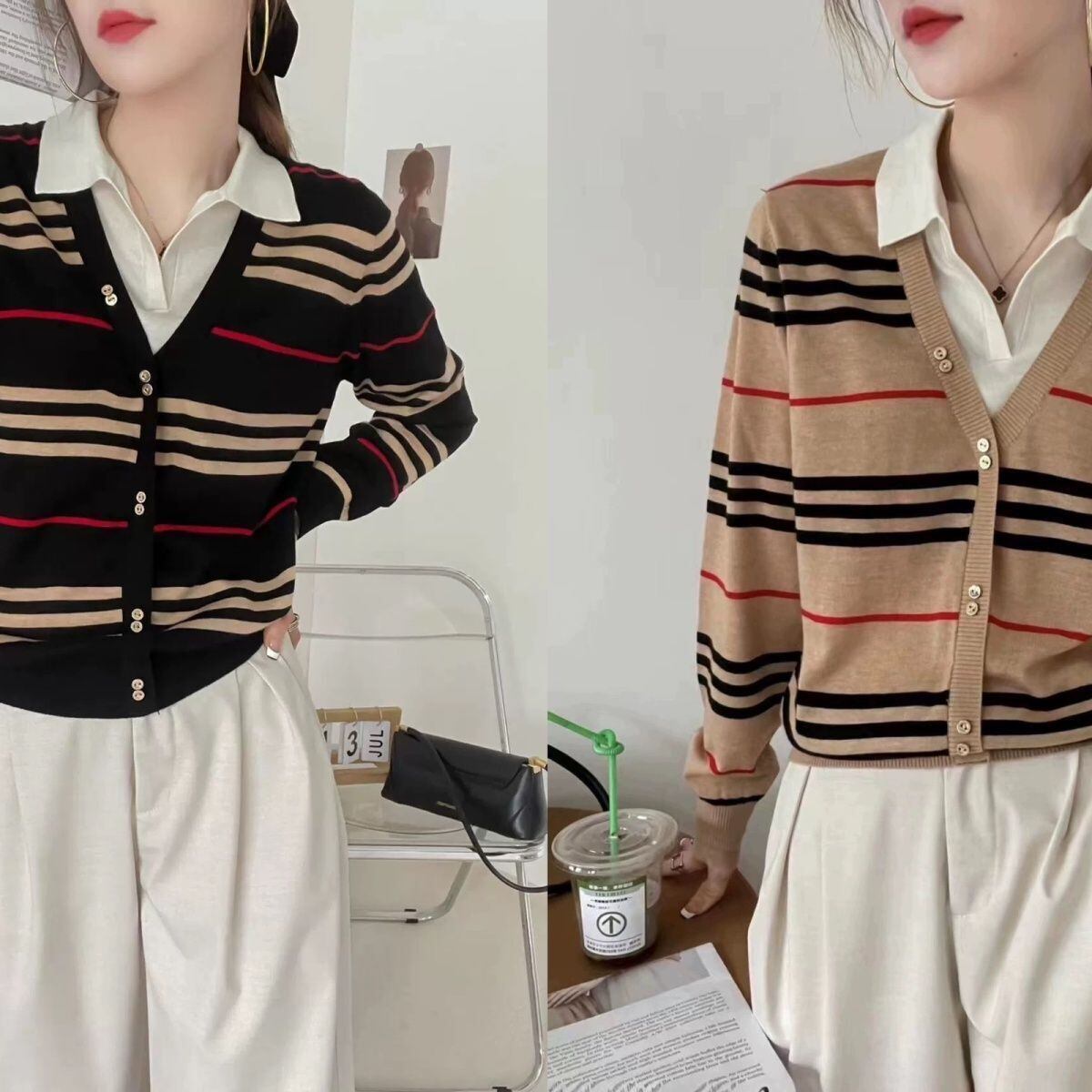 早い者勝ち 定番シンプル 好感度UP レイヤード風 ストライプ柄 2色選択 ニットトップスE-9575