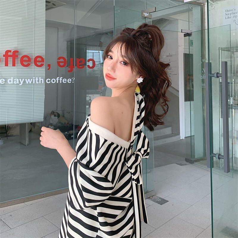スタイルアップ 上質 美人度アップ リボン ストライプ柄 ワンピースE-9202