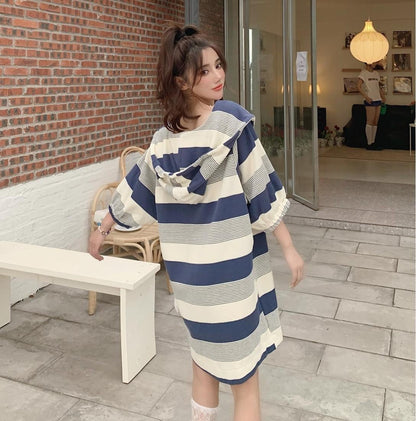 絶対欲しい レイヤード風 カジュアル ストライプ柄 切り替え ワンピースE-9072