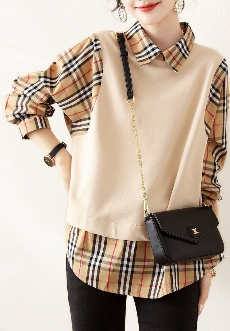 【人気急上昇中！】売り切れ必至 チェック柄 柔らかくて優しい印象 レイヤード風 シャツ E-9286