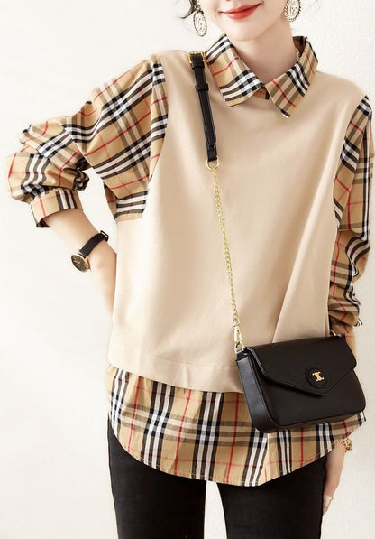 【人気急上昇中！】売り切れ必至 チェック柄 柔らかくて優しい印象 レイヤード風 シャツ E-9286