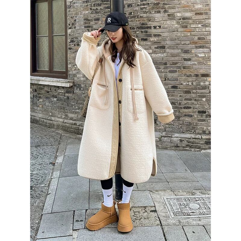 着回し力抜群 暖かい服,ゆったりとしたアウターウェア カジュアル フェイク ラムウール ロング コート E-9983