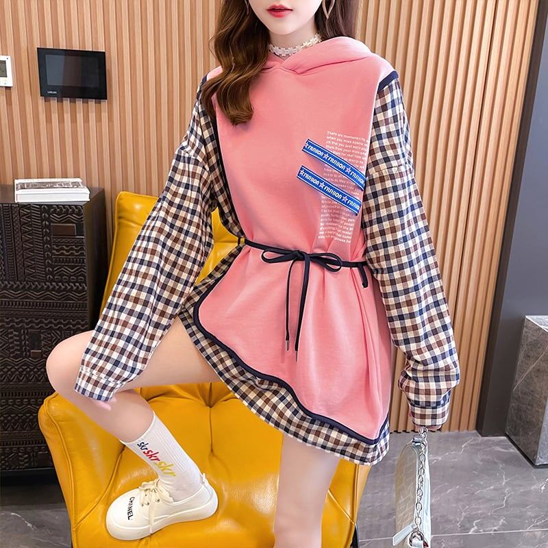 レイヤード風  チェック柄 ロングパーカ全3色トップスE-4803