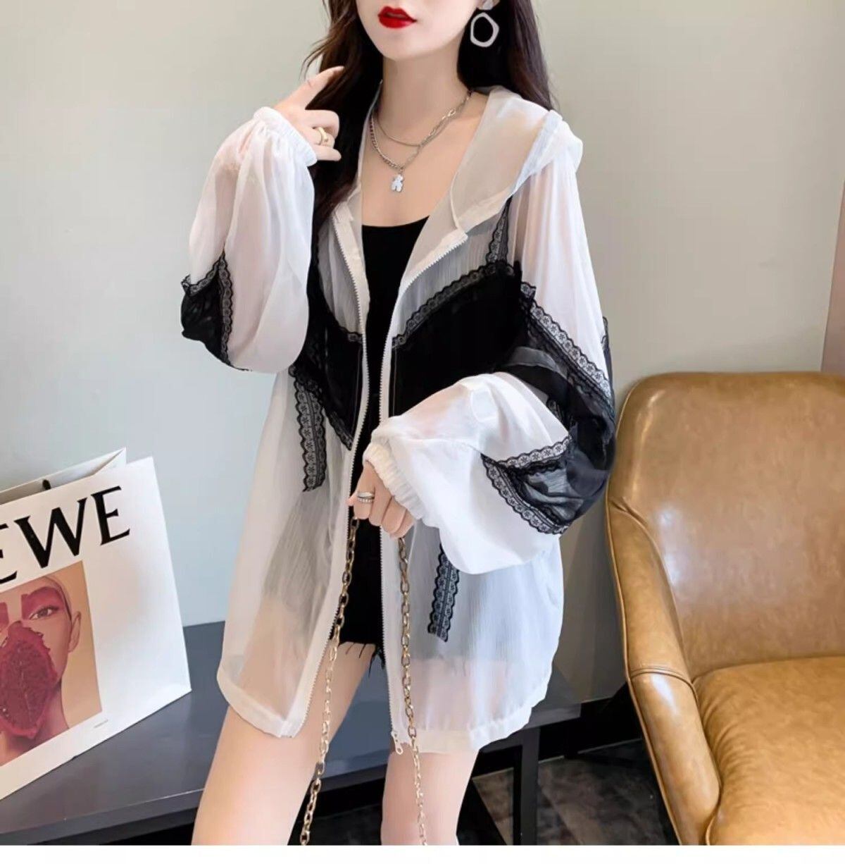 超人気 レース おしゃれ度高め 切り替え 日焼け対策 全2色 パーカー コートE-9143