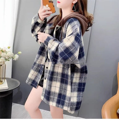 【裏起毛】好感度UP カジュアル 定番シンプル チェック柄 2色選択 プラスベルベット シャツ E-9685