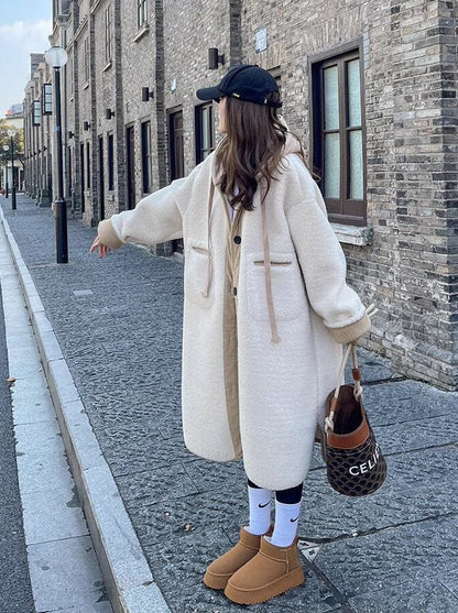 着回し力抜群 暖かい服,ゆったりとしたアウターウェア カジュアル フェイク ラムウール ロング コート E-9983