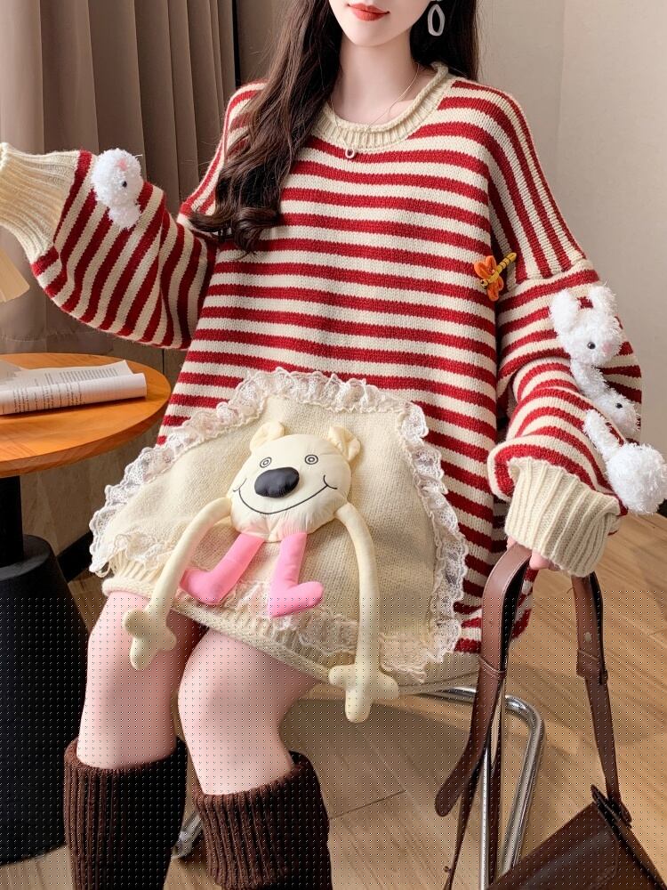 スタイルアップ効果抜群 ストライプ柄 個性的なデザイン 2色選択ニットトップスE-10585