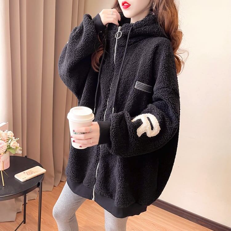 好感度UPアルファベットロゴボアフルジップパーカー 厚手トップス 全4色 E-4443