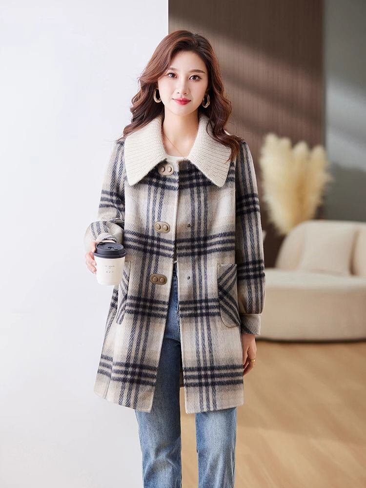 絶対欲しい チェック柄 高級感溢れる 2色選択 ミドルレングス コート E-9740