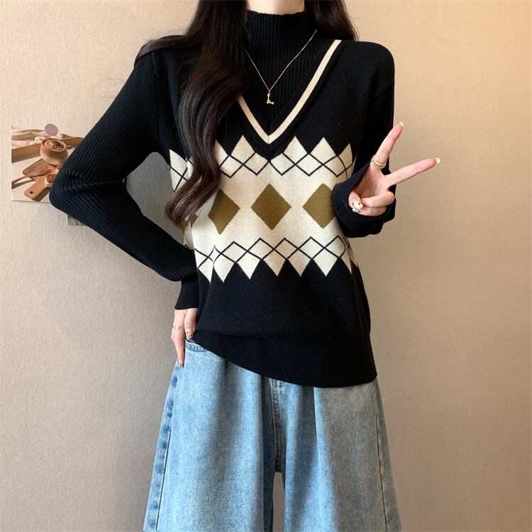 人気上昇中 レイヤード風 おしゃれ度高め 全2色 ニットトップスE-9583