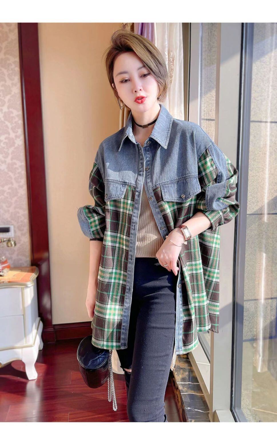 今季マストバイ 着心地良い 絶対欲しい チェック柄 切り替え デニム シャツ E-9266