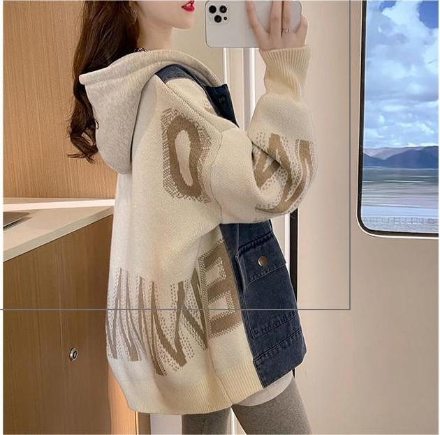 新作デニム切り替えニットフード付きパーカートップス全3色E-4321