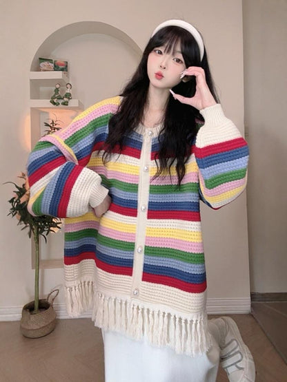 人気爆発中 タッセル 柔らかくて優しい印象 カラーマッチング ニットトップスE-10574