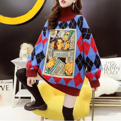 超人気配色チェック柄グラフィックロゴニットセーターハイネック3色ありE-4328