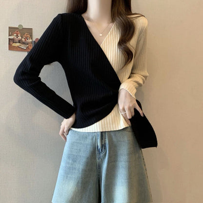 都市ファッショ デザイン オシャレ 個性的なデザイン 切り替え 2色選択 ニットトップスE-9574