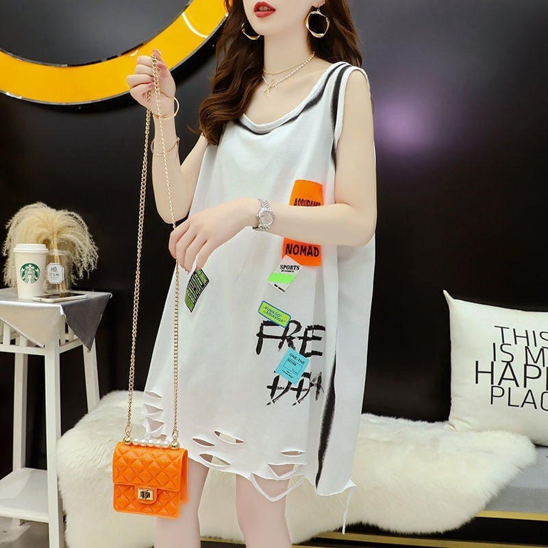 今季マストバイ ダメージ加工 デザイン性抜群 プリント全2色 ノースリーブ Tシャツ カットソーE-9141