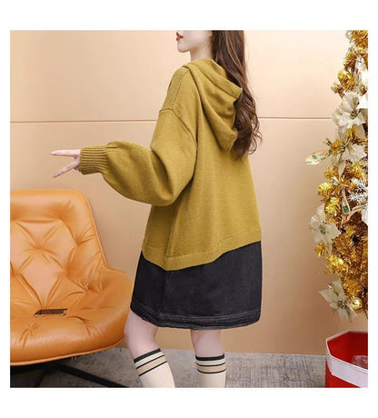 着?せアルファベットロゴ切り替えデニムゆったりロングニットパーカー全2色E-4392