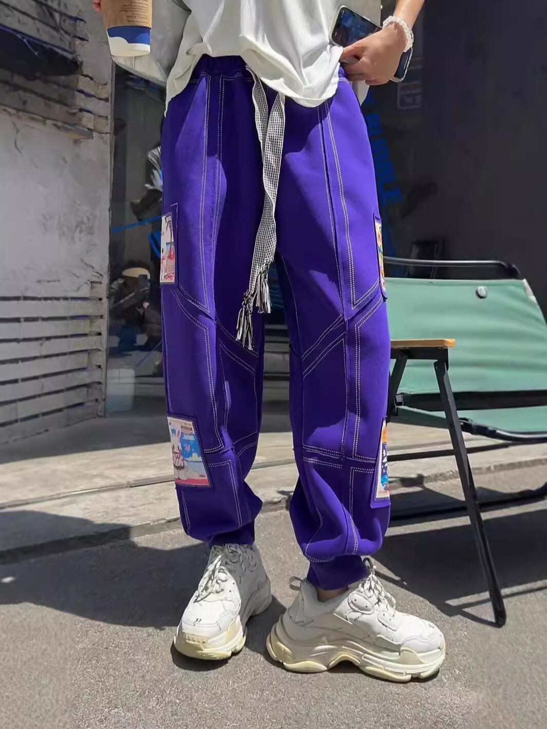 大活躍 高見えデザイン スタイルアップ効果抜群 切り替え プリント 全4色 カジュアルパンツE-9358