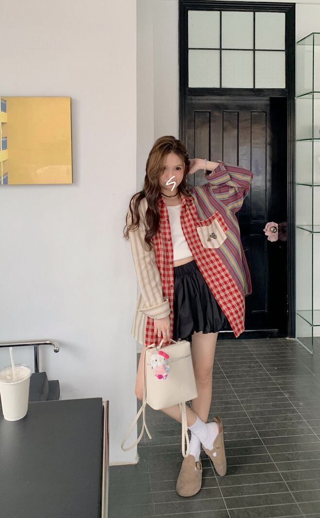 新商品 切り替え 個性的なデザイン チェック柄 ストライプ柄 シャツ E-9155