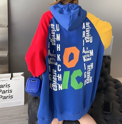 オーバーサイズ カラーマッチング アルファベットプリント フード付き ロングパーカE-4085