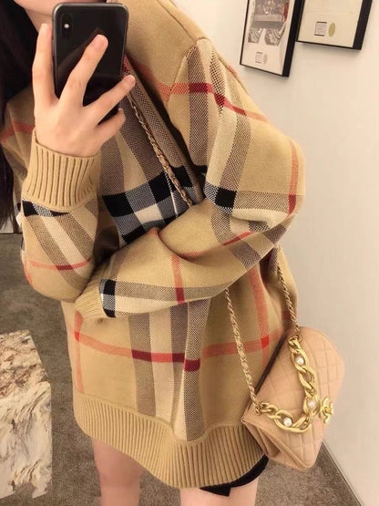 レトロ オシャレ度満点 ラウンドネック チェック柄 長袖  ニット セーターE-2530