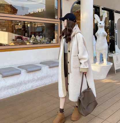 着回し力抜群 暖かい服,ゆったりとしたアウターウェア カジュアル フェイク ラムウール ロング コート E-9983