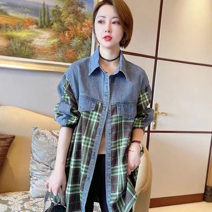 今季マストバイ 着心地良い 絶対欲しい チェック柄 切り替え デニム シャツ E-9266