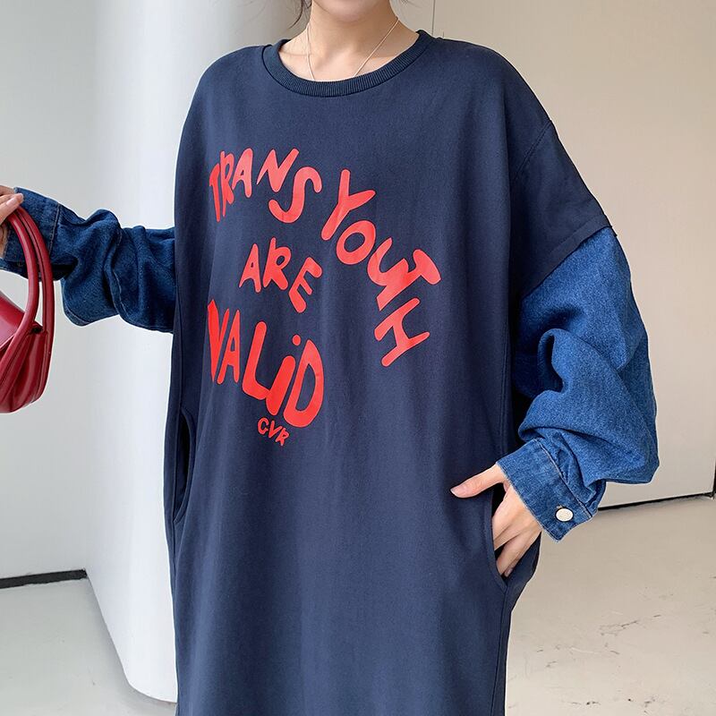 質感のいい デニム プラスベルベット長袖 ニット セーター E-10357