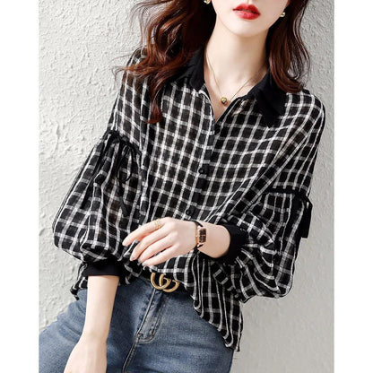 都市ファッショ デザイン オシャレ エレガント チェック柄 切り替え シャツ E-9306