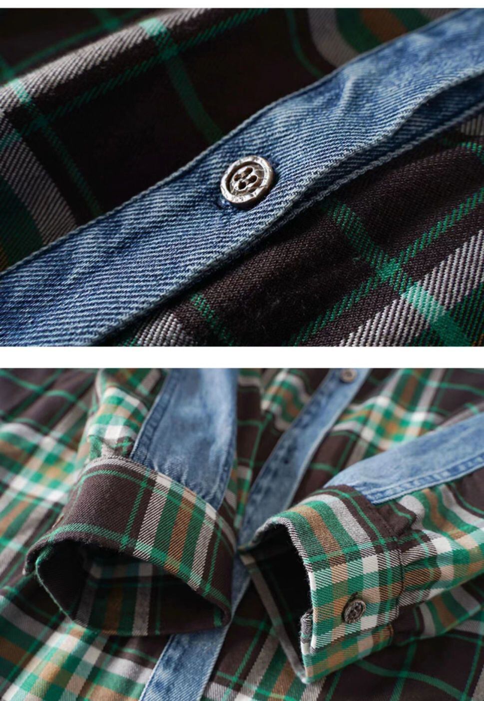 今季マストバイ 着心地良い 絶対欲しい チェック柄 切り替え デニム シャツ E-9266