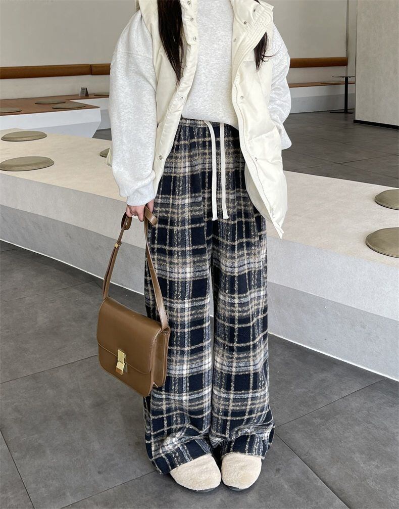 着回し力抜群 チェック柄 おしゃれ度高め 3色選択 ウールワイドレッグパンツ E-9757