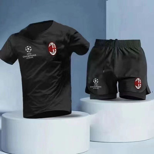 吸汗速乾 スポーツウェア ロゴ入り 半袖 Tシャツ + ハーフパンツ セットアップ E-13153