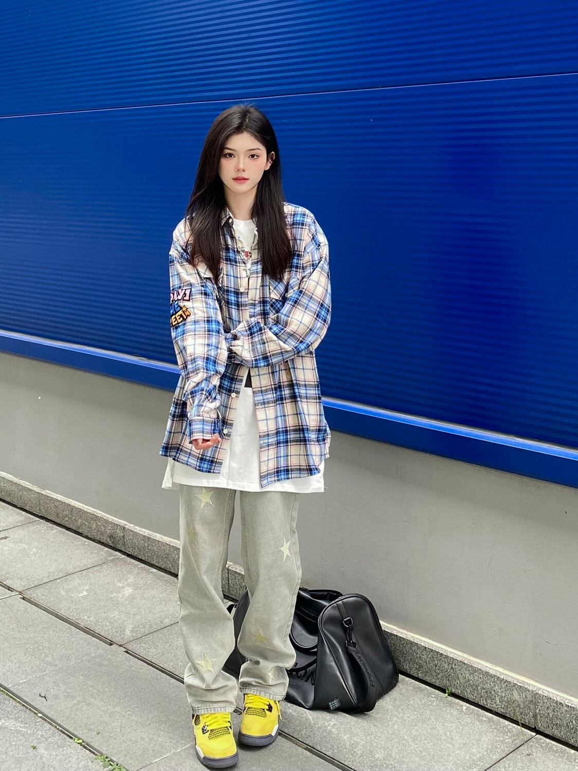 存在感抜群 カジュアル トレンドアイテム チェック柄 刺繍 全2色 シャツ E-9163