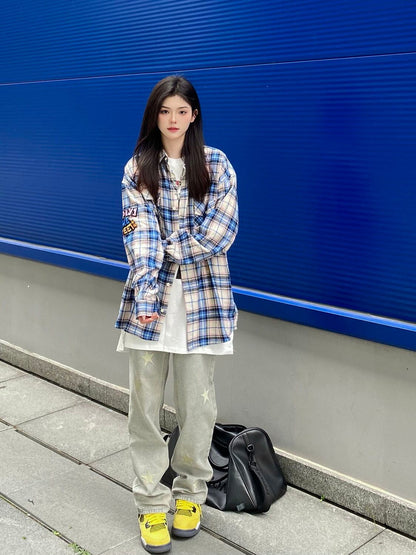 存在感抜群 カジュアル トレンドアイテム チェック柄 刺繍 全2色 シャツ E-9163