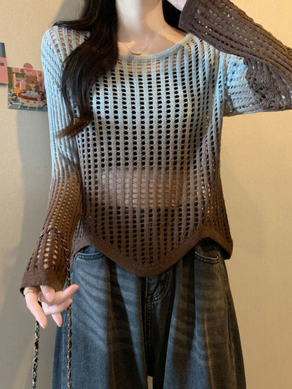 話題沸騰中 グラデーション おしゃれ度高め 透かし彫り ニットトップスE-9557
