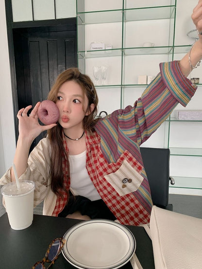 新商品 切り替え 個性的なデザイン チェック柄 ストライプ柄 シャツ E-9155