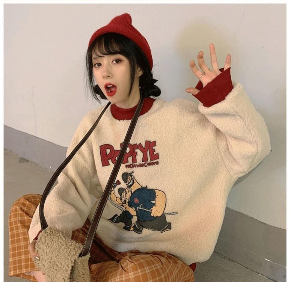 韓国系ふわふわグラフィックロゴボアスウェットトップス全2色E-4208