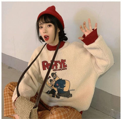 韓国系ふわふわグラフィックロゴボアスウェットトップス全2色E-4208