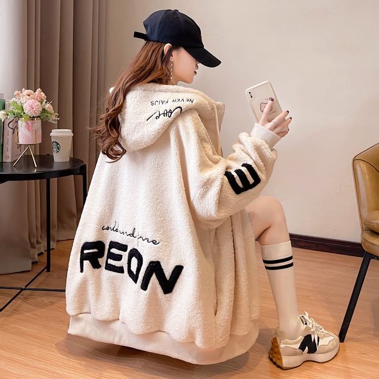 好感度UPアルファベットロゴボアフルジップパーカー 厚手トップス 全4色 E-4443