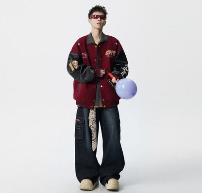 【中棉】人気爆発中 アメリカンレトロ 配色切り替え 刺繍ロゴ ユニセックス スタジャンE-12627